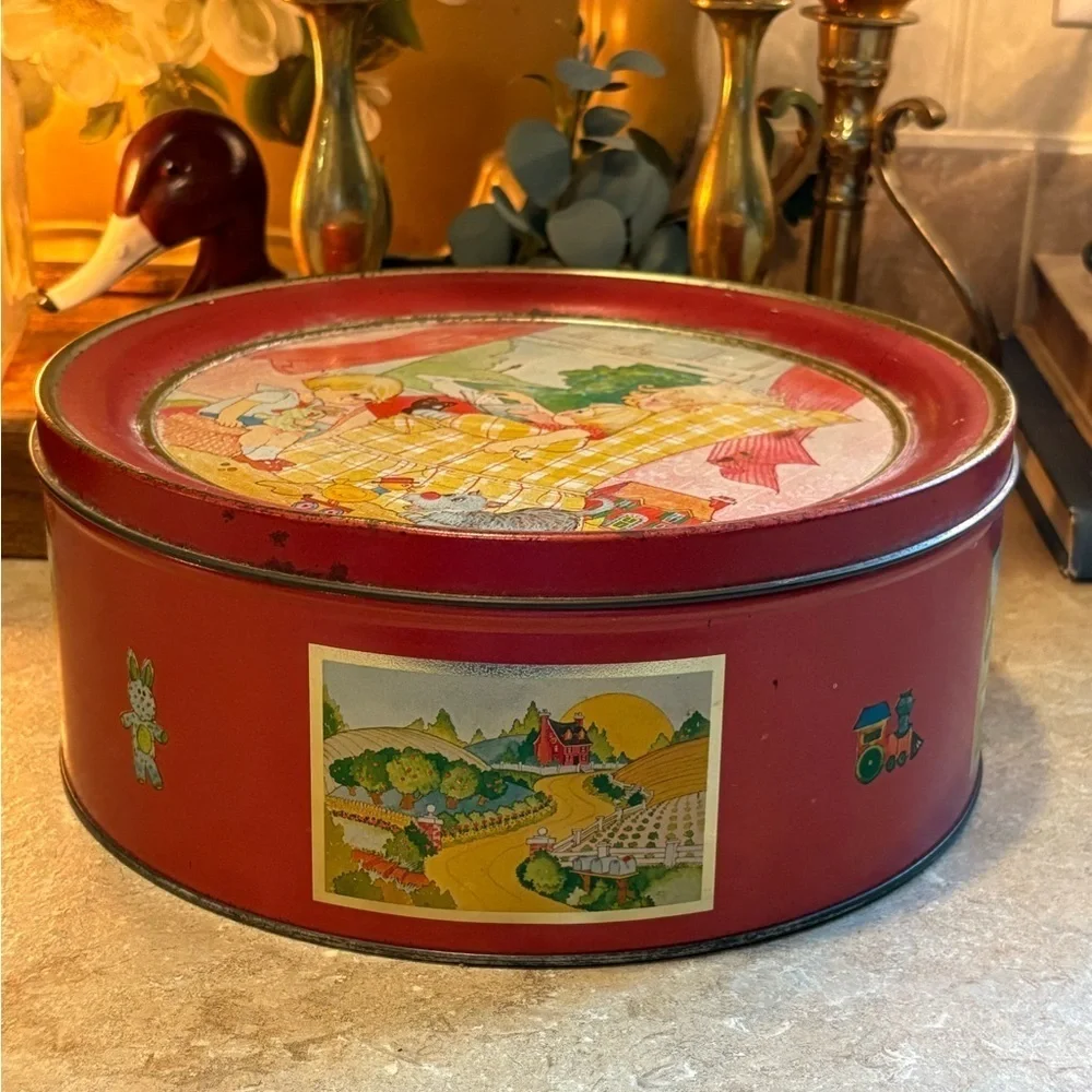 Vintage original Round Metal Tin mom with kid nursery Storage Container